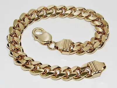 9CT GOLD ON SILVER 9 INCH MEN'S HEAVY CUBAN CURB BRACELET - 57.2g - CHUNKY • £125