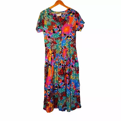 D. G. Sport Size 12 Vintage Bright Whimsical Print Cotton Midi Dress Pockets • $65.95