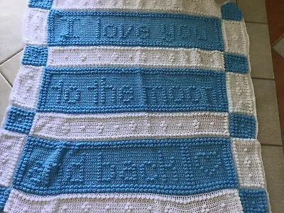 Baby Blanket   Love You To The Moon And Back “1.50mx1.50m Blue Crochet Baby..boy • £45