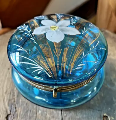Antique Vintage Hand Painted Enamel Blue Glass Trinket Box Dresser Jewelry Box • $65