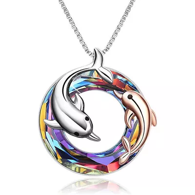 Elegant 925 Sterling Silver Rainbow Mystical Fire Topaz Charms Dolphin Necklace • $19.74