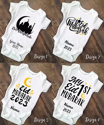 Happy / My First Eid Mubarak Personalised Baby Vest Bodysuit 5 Designs Name 2023 • £5.59
