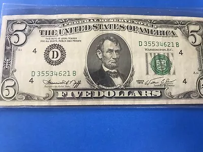 1974 $5 Five Dollar Federal Reserve Note.  Loc #22 • $20