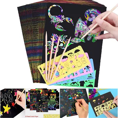 50 Sheets Scratch Art Paper Magic Rainbow Painting Doodle Boards+5 Wooden Stylus • £4.39