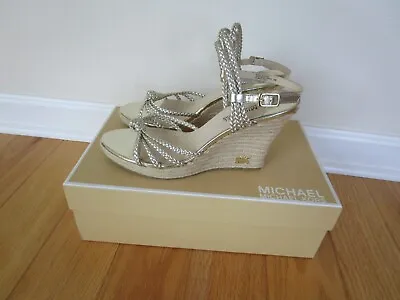 Michael Kors Palm Beach Sandals Wedge Shoes Gold Size 9M Original Box VG • $50