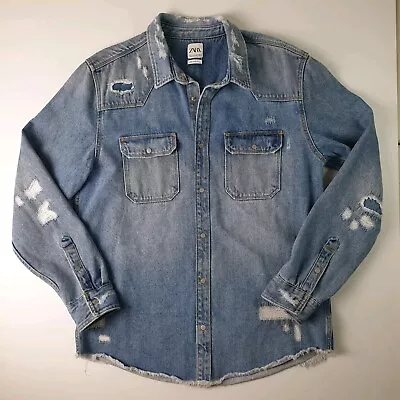 Zara Mens XL Thick Blue Denim Shirt With Snap Buttons Distressed • $47