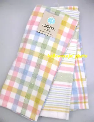 MARTHA STEWART Easter Plaid Striped Kitchen Dish Towels White Blue Pink Set Of 3 • $22.95