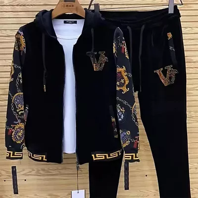 Men Fashion Trend Gold Velvet Hooded Cardigan Jacket Pants Luxury 2 Piece Set • $69.80