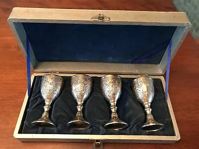 Cordial Mini Goblets~Set Of 4 W/ Hard Case~Vintage~Corbell& Co.~ Silver Plated • £30.84