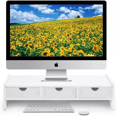 Monitor Stand Riser Computer Laptop Riser Shelf With 3 Organizer Drawers (White • $52.39