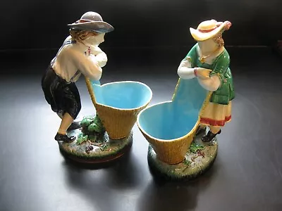 Lovely Rare Pair Antique Minton Majolica Boy Girl Posy Holders Circa 1860 • $2200