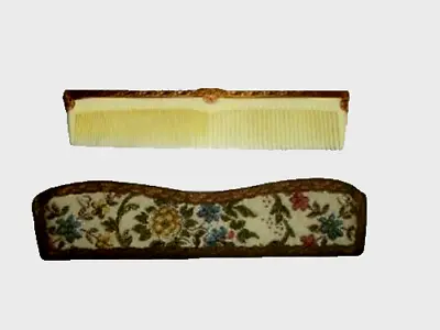 Vintage French Ormolu Hair Comb Satin Tapestry Brocade Case Metallic Lace Vanity • $35.01