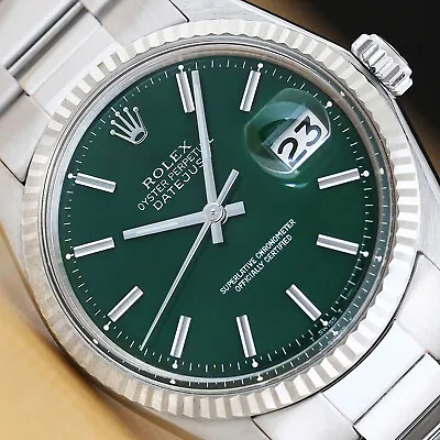 ROLEX MENS DATEJUST 18K GOLD STAINLESS STEEL GREEN DIAL WATCH W/ OYSTER BAND • $4199.95