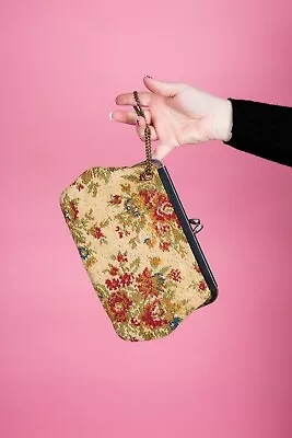 Vintage Tapestry Embroidered Floral Carpet Bag Clutch Bag With Chain Wristlet • £46