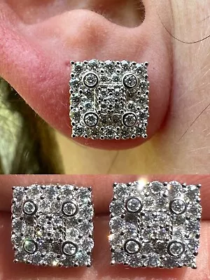 Screwback Earrings Square 10mm Real 925 Silver CZ Iced Large Mens Studs Hip Hop • $35.33