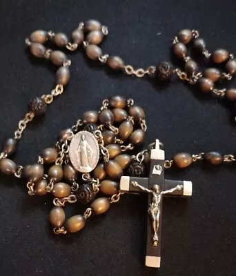 1900's Vintage Convent Rosary Ebony Wood Beads And Inlayed Sterling Crucifix • $45