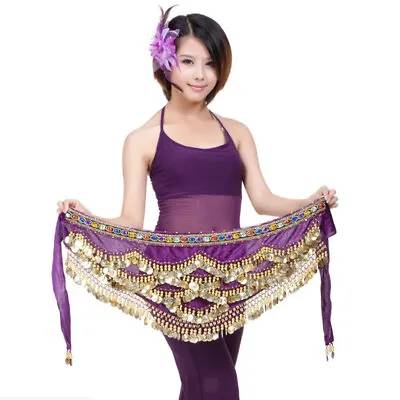 Velvet Dangling Gold Coins Belly Dancing Hip Skirt Scarf Wrap Belt Purple • £10.19