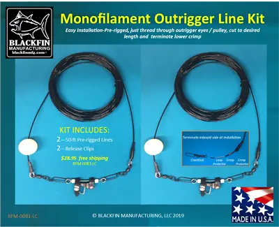 Outrigger Line Kit - Two 50 Ft Pre-Rigged 400Lb Monofilament Outrigger Lines • $28.95