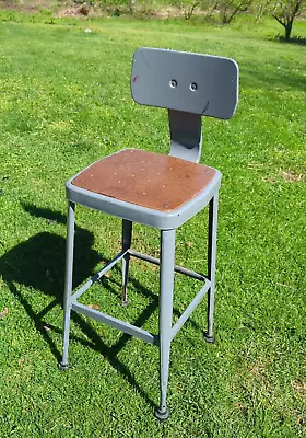 Vintage EQUIPTO Industrial Steel Shop Or Drafting Stool W/ Adjustable Back • $145