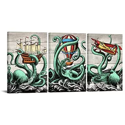 3 Pieces Funny Octopus Canvas Wall Art Octopus Steampunk Ocean Ship Airplane  • $87.94