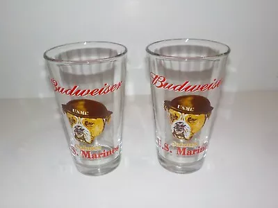 Lot Of 2 Budweiser Beer Glasses Salutes U.S. Marines USMC Pint Vintage • $17.99