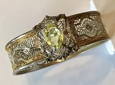 Vintage Art Deco Yellow Rhinestone Hinged Bracelet • $125