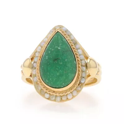 Yellow Gold Turquoise & Seed Pearl Vintage Halo Ring - 14k Pear Cabochon Rope • $419.99