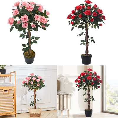 Artificial Rose Bush Tree Potted Plant Faux Blossom Flower Home Garden Decor • £30.95
