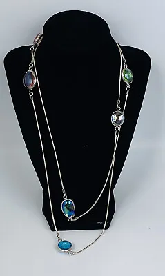 Vintage Sterling Silver Multi Stone Station Link Chain Necklace Long 48” • $149.99