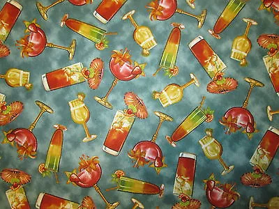 $4.49 • Buy Martini Cocktail Long Island Wine Drinks Glass Gray Blue Cotton Fabric FQ
