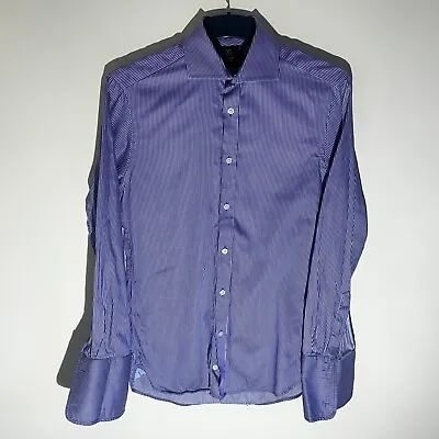 M & S Sartorial Long Sleeve Button Up Stripe Cotton Purple Slim Shirt 14.5/37 • £11.69