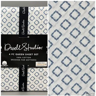Dwell Studio QUEEN 4-pc Sheet Set Extra Deep White Blue Diamond 100% Cotton • $75.99