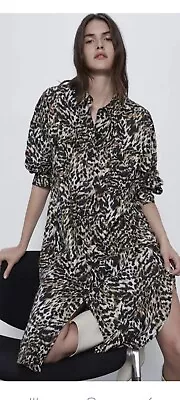 ZARA Leopard Animal Print Linen Blend Shirt Dress - Midi -  Size  L • £0.99