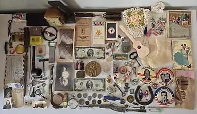 Vintage Junk Drawer Lot Of Rare Items Lighters Currency Elgin Pocket Watch • $219.99