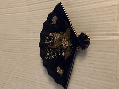 Vtg Japan Cobalt Blue Floral Peacock Trinket Fan Plate • $19.95