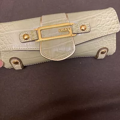 Vintage Guess Snakeskin Green Gold  Clutch/Cross Body Strap Purse. Gold Trim! • $9.99