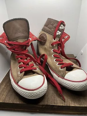 Converse All Star Tan Suede Brown Leather High Top Sneakers W8/M6 Size Red Laces • £38.55