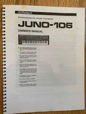 Roland Juno-106 Instruction Manual: Comb Bound With Protective Covers! • $29.55