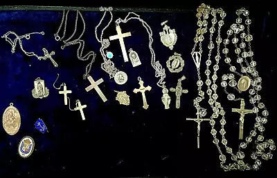 VTG All Sterling Silver 925 LOT Rosaries Medals Crosses Theda Miracle Marcasite • $11