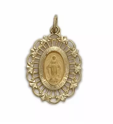 14k Gold Oval Filigree Miraculous Polished Border Finish Medal Necklace • $319.99