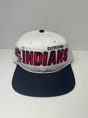 VINTAGE Cleveland Indians Hat Cap Snapback White Spellout Chief Wahoo Coopertown • $124.99