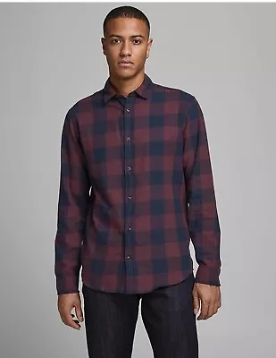 Jack & Jones Mens Check Shirt Gingham Twill Long Sleeve Top XL • £11.99