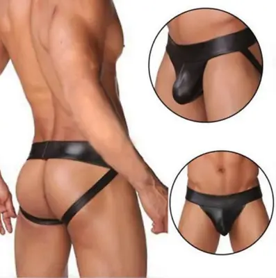 Mens Black Wet Look PVC Posing Pouch Backless Briefs Thong Underwear Size:30-38 • £7.95