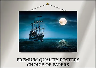 £15 • Buy Pirate Ship Sea Moon Art Large Poster Print Gift A0 A1 A2 A3 A4 Maxi