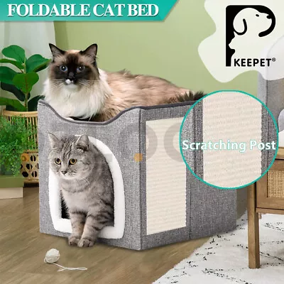 Foldable Pet Cat Calming Bed Hideaway Interactive House Nest Scratching Board • $18.99