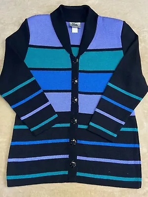 Mita Sweater Women Size 12 Blue Striped Knit Cardigan Collared Vintage 90s • $45.99