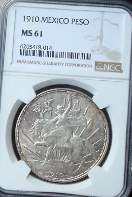 1910 Mexico $1 Peso Silver Beautiful Coin Uncirculated NGC 61 • $1199.99