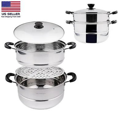 $43.99 • Buy Stainless Steel Stackable Cookware 2 Tier Steamer Pot With Rack & Basket Tray US