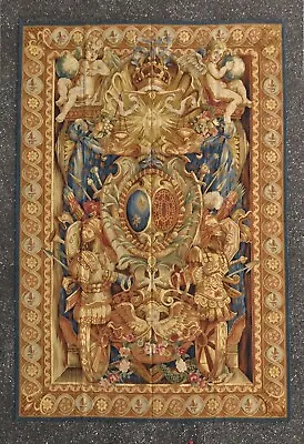 Wool Aubusson Tapestry Louis XIV Armorial Coat Of Arms Wall Hanging Art 6'x9' • $5985.59