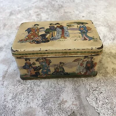 Antique Tin Box Geisha Tea Box Hinged Great Artwork Asian Pattern • $27.50